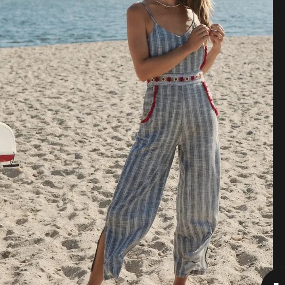 $148 Anthropologie Raga Greta Plaid Grey Embroidered Fringe Jumpsuit Size Small